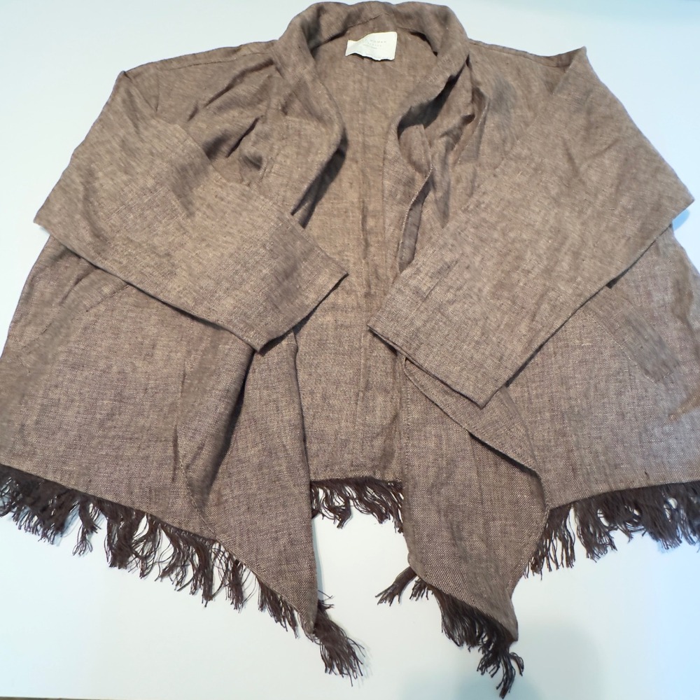 Zara Woman Linen Cardigan Brown Fringed Waterfall Open Jacket M-L Boho Summer